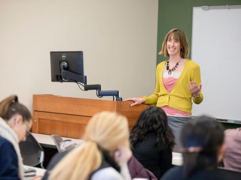 A female professor lectures 