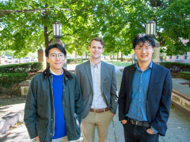 Xiao Su (right), an assistant professor of chemical and biomolecular engineering and a researcher at the Beckman Institute for Advanced Science and Technology, is part of a team that developed an electrochemical technique for recycling highly valuable homogenous catalysts. The research, led by graduate students Stephen Cotty (center) and Jemin Jeon (left), will help make the chemical manufacturing industry greener, more affordable, and more innovative.